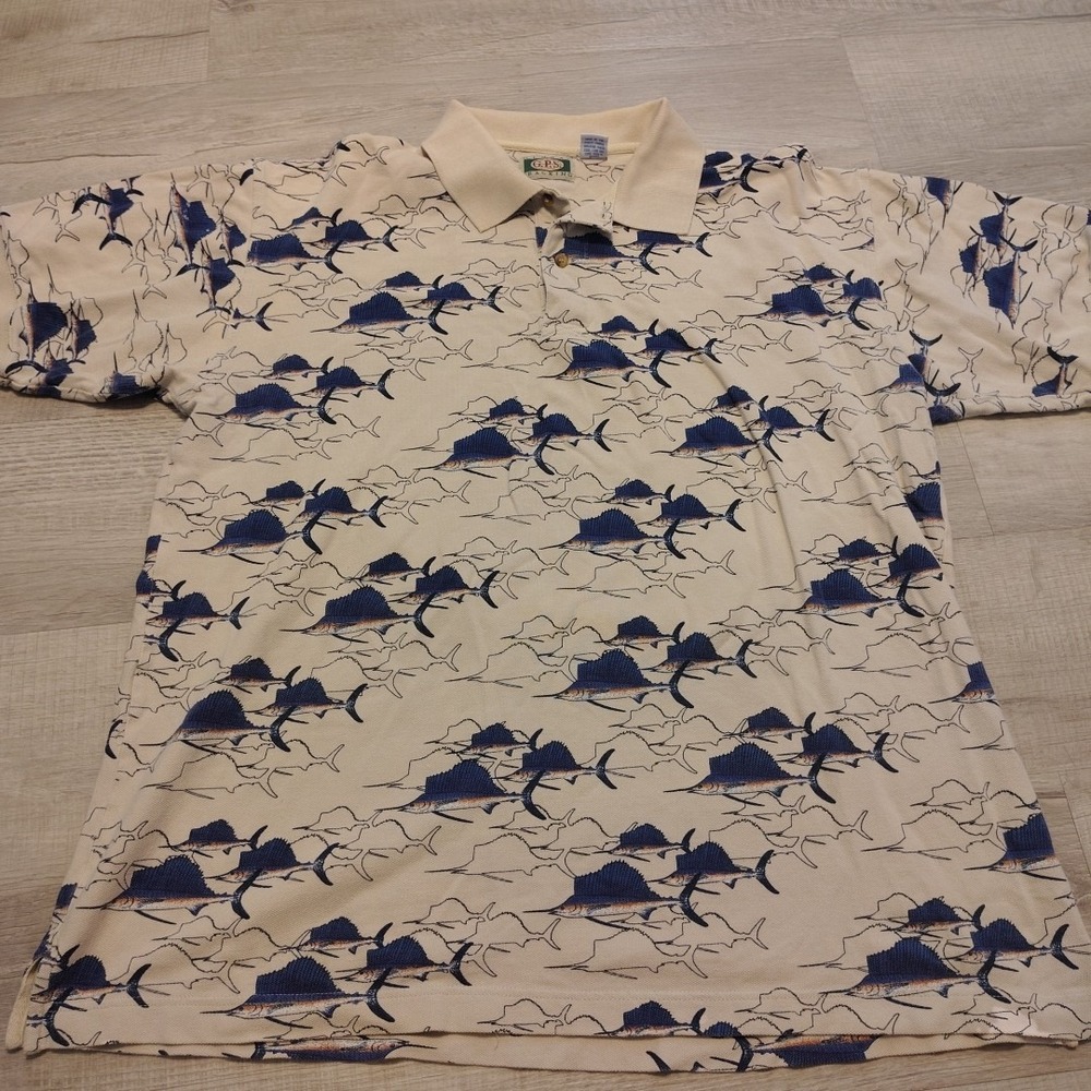 Vtg AOP Swordfish Polo Shirt Nature 90s XL Mesh Global Tracking 100% Cotton